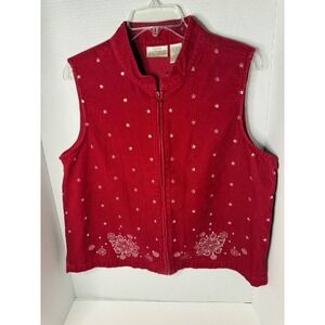 Baxter & Wells Petite Large Red Corduroy Vest Stars Snowflake Embroidered Zip Up